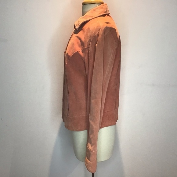 Vintage Y2K apricot suede moto style angled zipper lined scallop edge jacket L - Picture 3 of 14